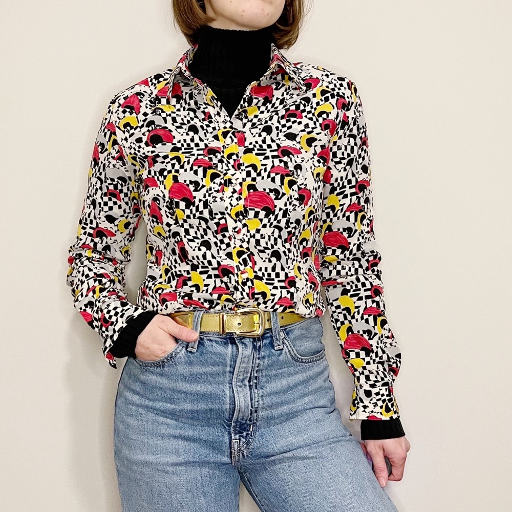 Vintage Checkered Button Up Abstract Black White S